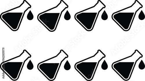 Eight black icons of laboratory flasks with liquid and a drop falling, representing chemical experiments and scientific research.