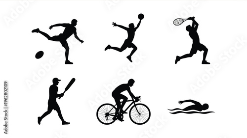 Sports silhouette illustration featuring soccer kick, basketball jump throw, tennis swing, baseball bat hit, cycling ride, swimming stroke artwork and athletic activity design collection