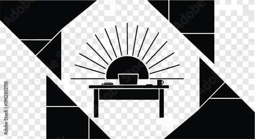 Sunrise emanating over a desk with a laptop and coffee cup, framed by bold geometric shapes.