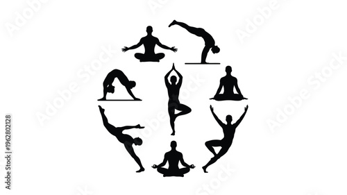 Yoga silhouette illustration featuring tree pose balance, meditation posture, forward bend stretch, backbend flexibility, mindfulness artwork and wellness lifestyle design collection