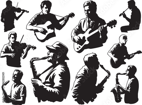 Musician silhouettes set featuring performers playing guitar saxophone and violin in artistic style
