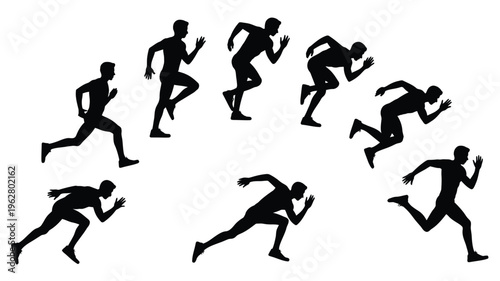 Running motion silhouette illustration featuring human stride sequence, sprint progression, athletic posture, biomechanics movement artwork and fitness activity design collection