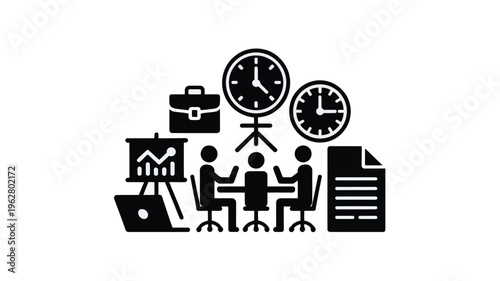 Business meeting silhouette illustration featuring teamwork collaboration, time management clocks, briefcase work, presentation board graph, laptop productivity, document report artwork and corporate 