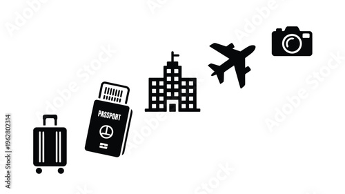 Travel icon illustration featuring suitcase luggage, passport document, hotel landmark, airplane flight, camera photography artwork and tourism lifestyle design collection
