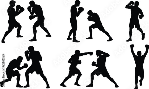 Boxing silhouettes, fighting stances, sparring athletes, victory pose, combat sport energy, dynamic movement, martial training, competitive boxing, strength, determination, triumph
