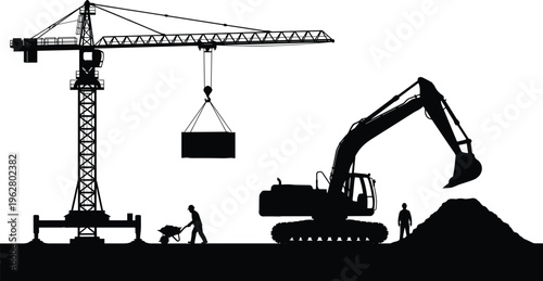 Black Silhouette of Construction Site Featuring Tower Crane Lifting Cargo and Hydraulic Excavator Digger with Manual Workers on Industrial Building Ground