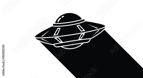Stylized black and white silhouette icon of a flying saucer ufo spacecraft with a long dramatic diagonal shadow below it.