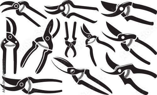 Garden pruners and bypass shears collection showing different blade shapes for professional trimming