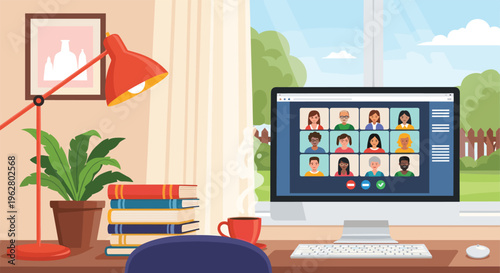 Cozy home office workspace includes computer monitor showing video conference meeting with multiple diverse participants.