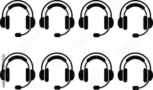 Eight black silhouette headphones with microphones in a repeating pattern on a white background, symbolizing communication and audio technology.