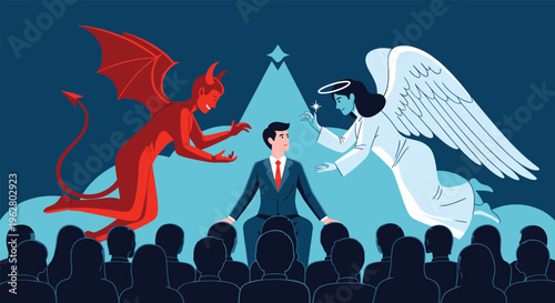 Worried businessman sitting on stage surrounded by crowd with angel and devil figures competing for his attention.