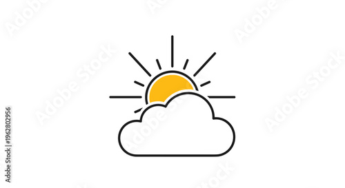 Minimalist weather icon features bright yellow sun partially hidden behind large white cloud with simple black outline.