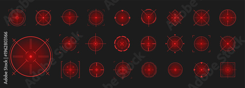 Crosshair Hud red. Precision simulator for futuristic accuracy training. Bullseye target, game Hud, and combat interface. Featuring laser aim and tech navigation elements. Flat Vector illustration.