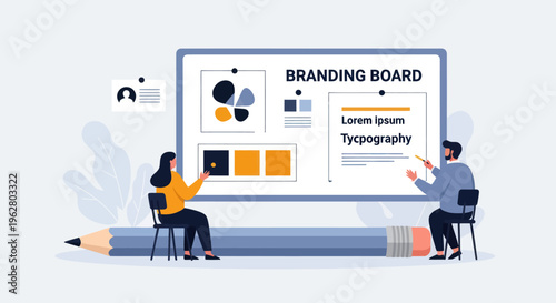 Two business people discussing branding board.