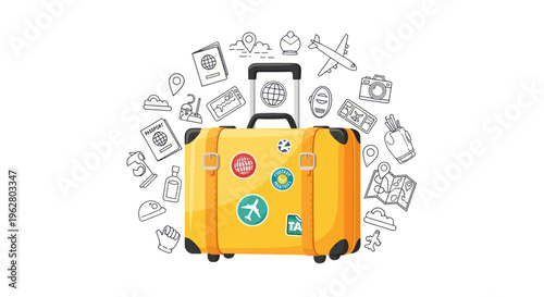 Yellow Suitcase with Travel Stickers.