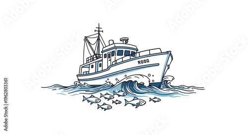 Fishing boat on the ocean waves.