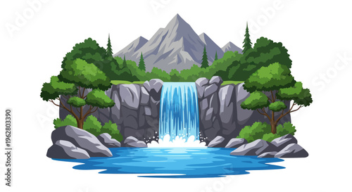 Waterfall Flowing Down Rocky Cliffside.