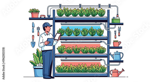 Farmer inspecting vertical hydroponic farm system.