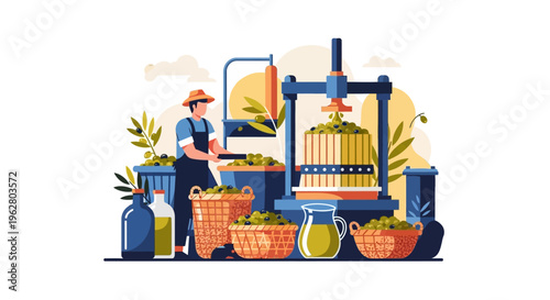 Farmer operating olive oil extraction machine with fresh olives.