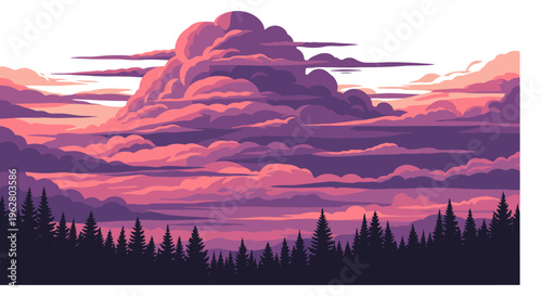 Purple Clouds Over Dark Forest Silhouette.