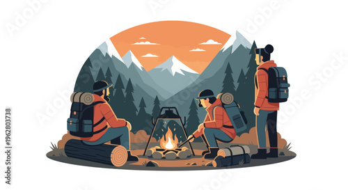 People camping outdoors in mountains.