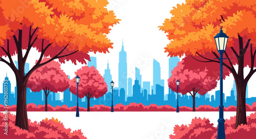 City Skyline with Trees and Streetlights.