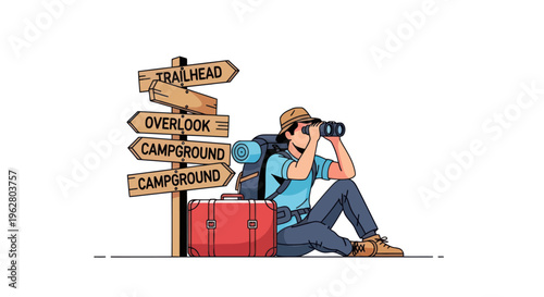 Man with binoculars and red luggage.