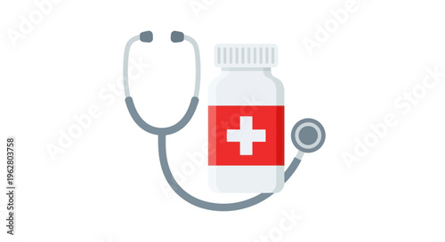 Medical stethoscope and pill bottle.