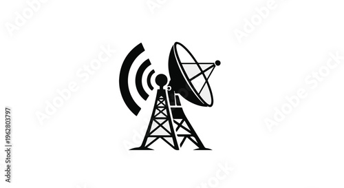 A tall communication tower featuring a large satellite dish transmits signals outward, representing broadcasting and connectivity.