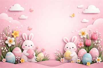 A charming paper-cut Easter illustration featuring two cute white bunnies, colorful polka-dot eggs, and spring flowers on a soft pink background. Perfect for holiday greetings and cards.