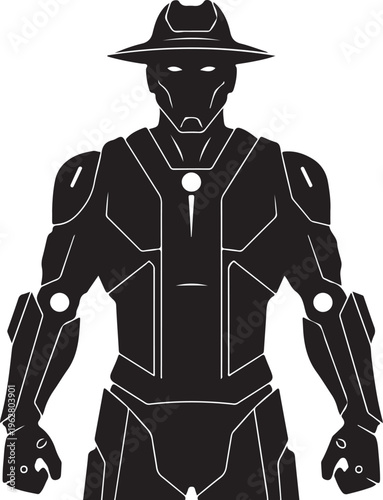Robot wearing a cowboy hat and futuristic armor suit