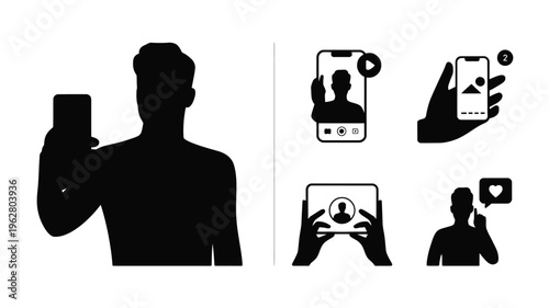Smartphone communication silhouette illustration featuring selfie pose, video call, notification alert, tablet profile, phone conversation with heart symbol, digital lifestyle artwork and social media