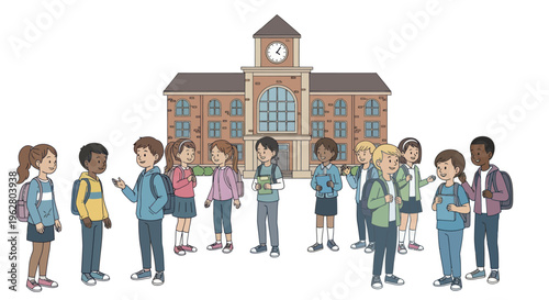 Teenagers standing in front school.