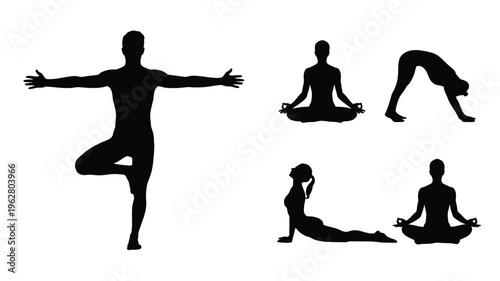 Yoga silhouette illustration featuring tree pose, lotus meditation, downward dog stretch, cobra posture, mindfulness calm artwork and wellness lifestyle design collection