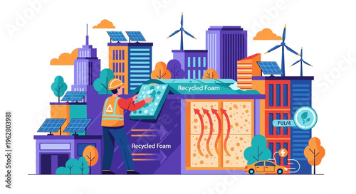 Engineer managing renewable energy plant in futuristic city.