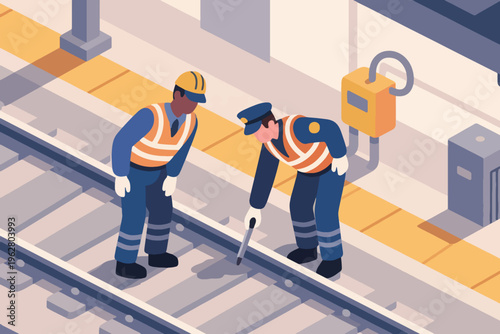Railway workers inspecting track at station platform, stylized vector illustration of safety and maintenance.