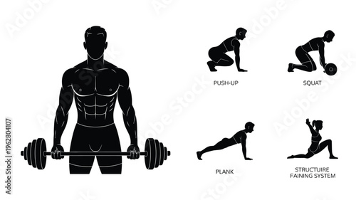 Fitness silhouette illustration featuring barbell weightlifting, push-up exercise, squat training, plank workout, lunge posture, strength building artwork and gym lifestyle design collection