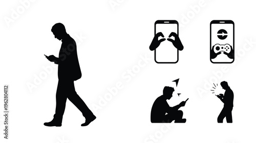 Smartphone usage silhouette illustration featuring walking posture, gaming interaction, social media messaging, digital surprise reaction, modern lifestyle artwork and technology design collection