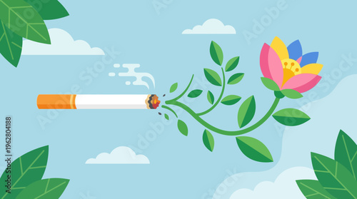 A lit cigarette transforming into a beautiful blooming flower with green leaves.