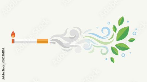 A conceptual illustration of a lit cigarette with smoke transforming into fresh green leaves.