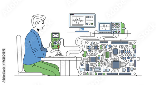 Engineer testing complex electronic circuit board with advanced equipment.