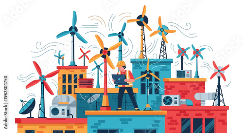 Engineer working on rooftop with wind turbines and buildings.