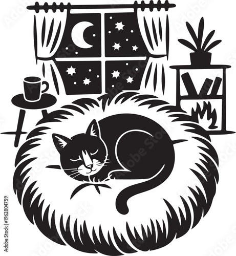 A cute cartoon vector illustration of a funny black kitty and domestic cats in a basket with a tail silhouette character