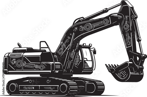 Black and white excavator machine illustration for construction sites