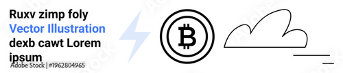 Cryptocurrency, blockchain systems, cloud computing, online transactions, network technology, digital finance. Bitcoin logo, lightning bolt cloud and text. Cryptocurrency and blockchain systems