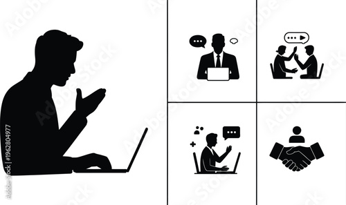 Business communication illustration featuring laptop worker, online meeting, face-to-face conversation, digital interaction, handshake partnership, professional artwork and corporate design collection