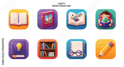 Colorful icons celebrating World Book Day with books, glasses, and stationery on a white background with a joyful mood