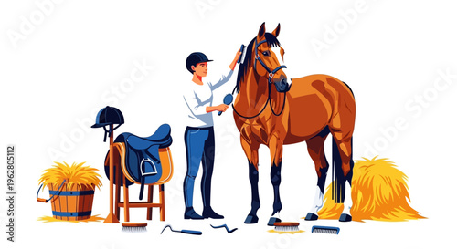 Equestrian grooming a horse with saddle and tack.
