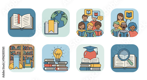 Flat design icons depicting literacy and education on World Book Day against a clean white background with colorful illustrations