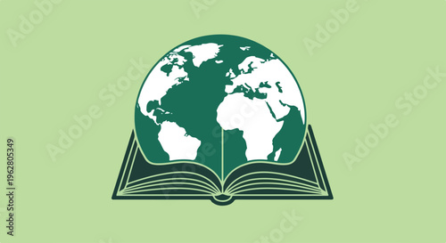 Illustration of a green globe emerging from an open book on a light green background, symbolizing World Book Day and global literacy